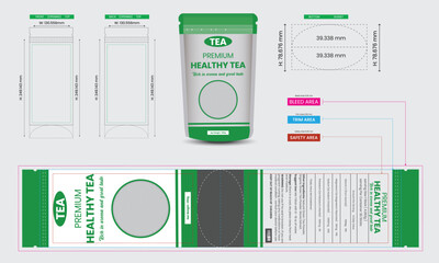Healthy tea pouch design template, pouch packaging mockup, 100% pure , food and product branding design