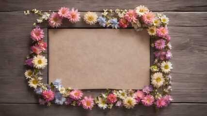 Fresh flowers with Frame on wooden background with with empty space for greeting message.  Love and greeting concept design. AI generated image, ai