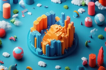 A vibrant 3D landscape featuring colorful structures, abstract shapes, and playful elements against a bright blue background.