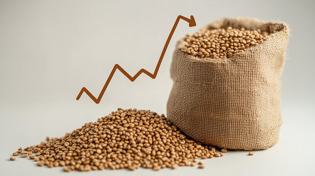 burlap sack filled with grains, with a rising arrow symbol above, representing agricultural growth, economic trends, or increasing commodity prices.