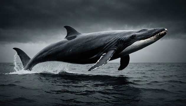 A large whale leaps from the water on a stormy day