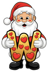 Cartoon Happy Santa Claus Holding the Letter W on White Background, Christmas Theme