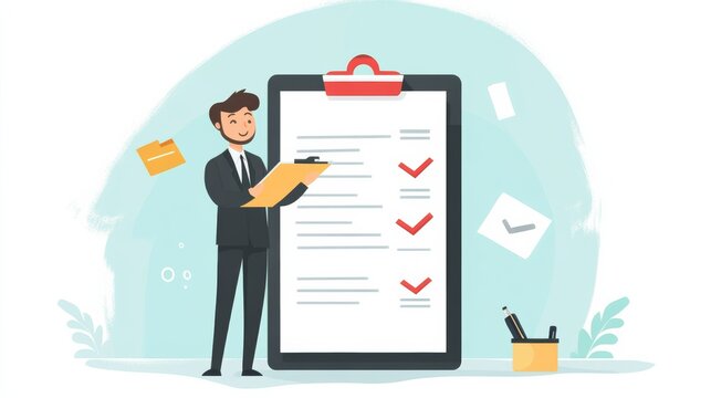 businessman checking steps through document with a list