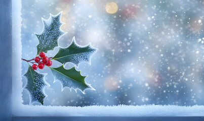Bright holly leaves and berries covered in frost, festive and vibrant holiday decoration for winter and Christmas season
