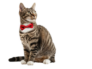 Adorable tabby cat with a red bow tie, sitting on a transparent background.
