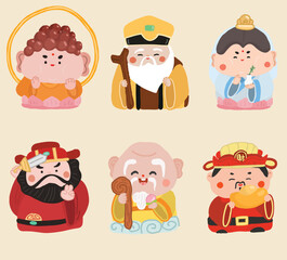 Tradition gods of the Chinese, Buddha, Guanyin, God of longevity, Shouxing,  Zhong Ku, Earth god, Tudigong, god of wealth.Graphic Vector