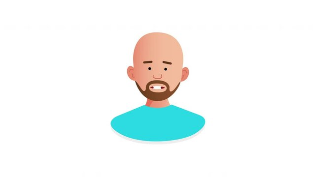 2D Illustrated bald male vector character talking head, different lengths of time animation. Mouth moving. Pauses for easy cutting. On white background.
