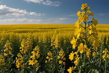 Obraz premium Field of colza rapeseed yellow flowers and blue sky