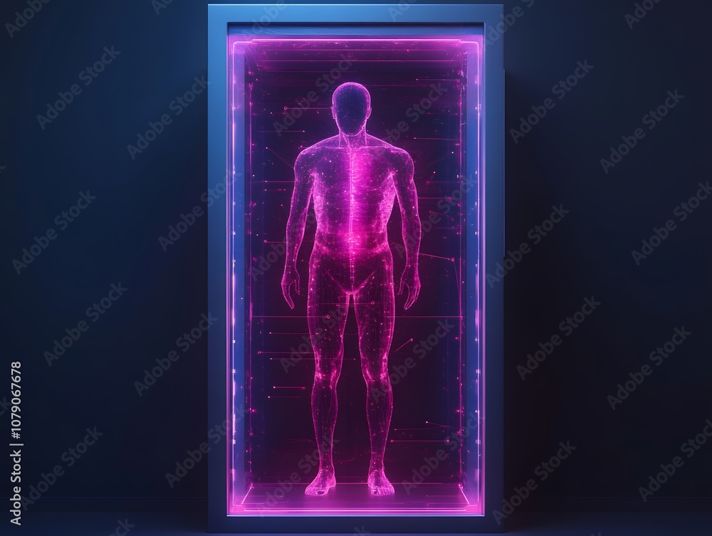 Aufkleber futuristic neon human silhouette with glowing lines and particles inside transparent pod representin