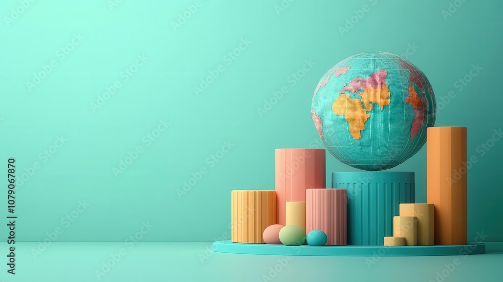Poster a colorful 3d globe surrounded by abstract geometric shapes on a turquoise background, symbolizing g