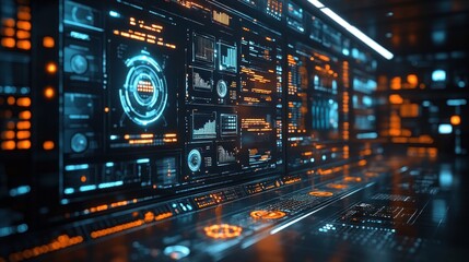 Fototapeta premium Futuristic control panel with data displays and glowing interfaces.