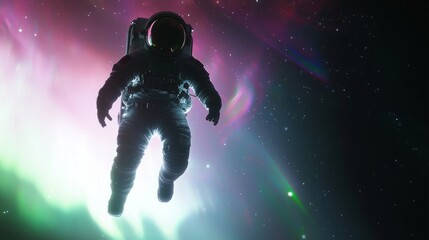 Naklejka premium Ethereal Astronaut Silhouetted Against Colorful Aurora - Ultra-Detailed 3D Render Digital Artwork