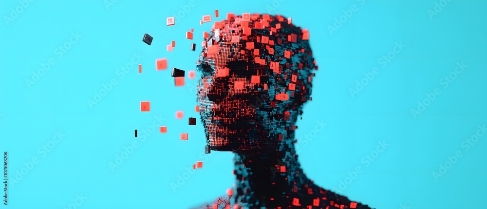 Poster abstract representation of a fragmented human head made of colorful cubes against a bright blue back