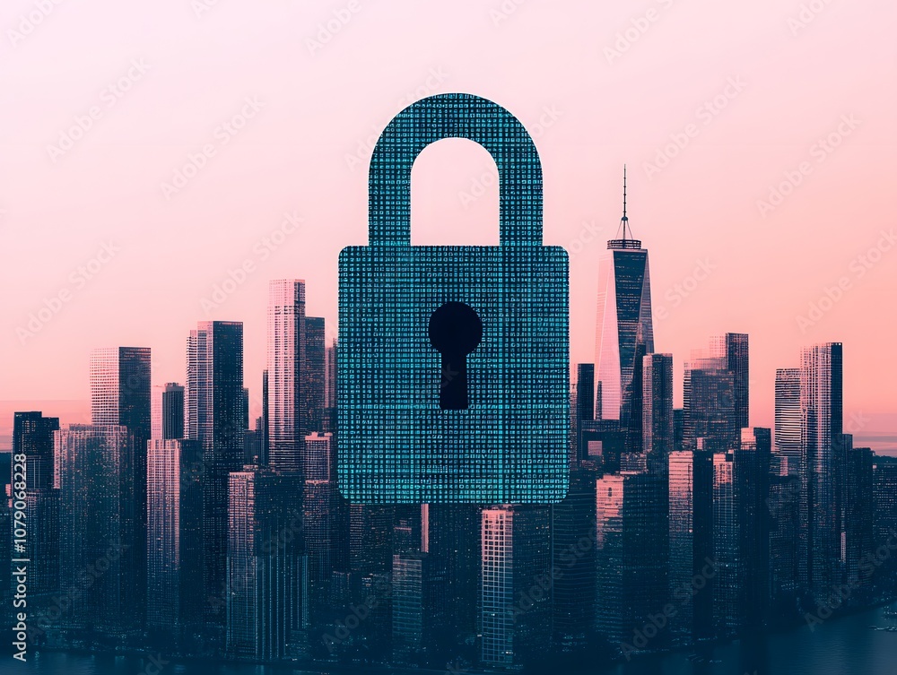 Aufkleber digital lock symbol over cityscape at dusk, representing security and protection in urban environmen