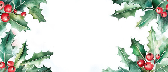 Fototapeta premium A watercolor holly border with vibrant green leaves and bright red berries framing a white background in a decorative corner design. Generative AI.