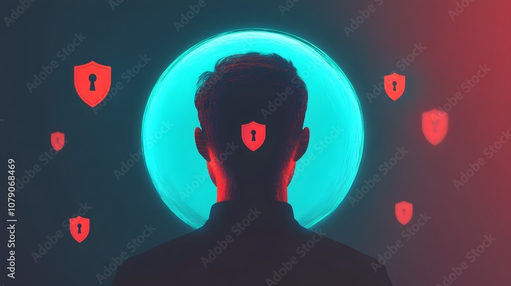 Poster silhouette of a person contemplating cybersecurity threats with digital shields and lock icons, repr