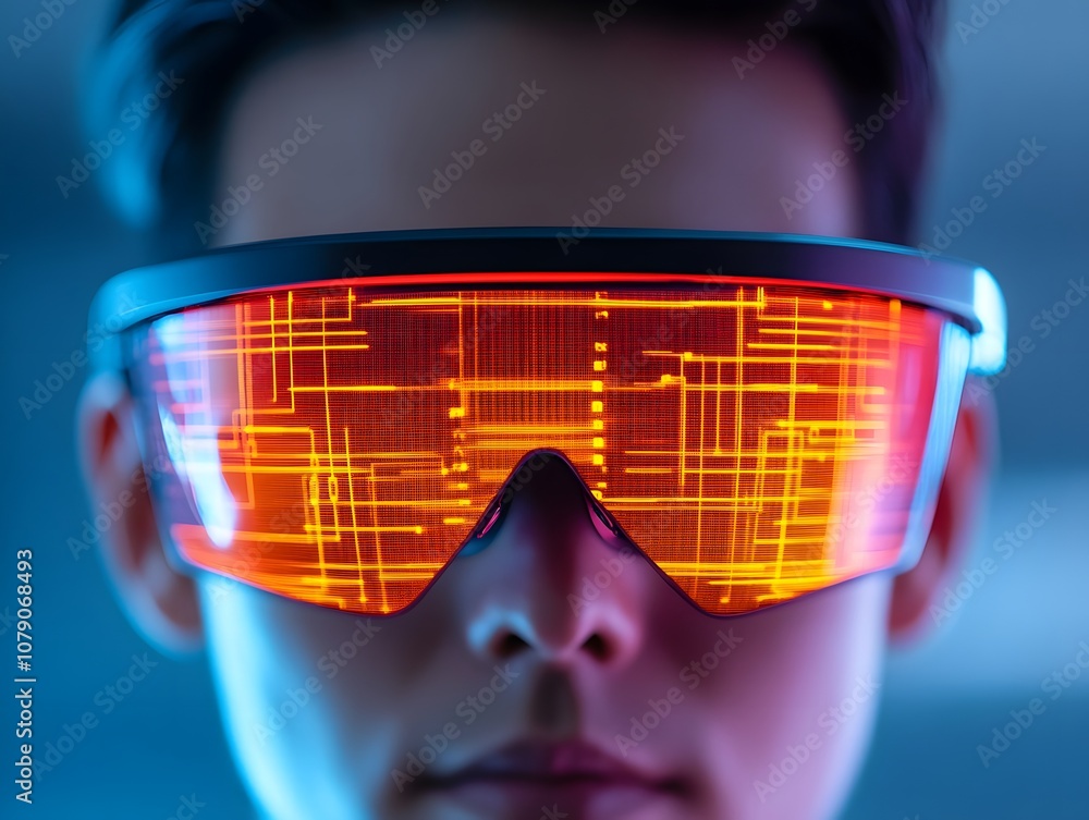 Poster Futuristic Portrait of a Person Wearing High-Tech Glasses with Digital Circuit Pattern Reflected in Lenses for Sci-Fi or Technology Themes