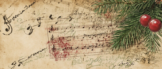 A vintage Christmas composition features aged sheet music with musical notes on weathered parchment paper, decorated with pine branches and red berries in the corner. Generative AI.