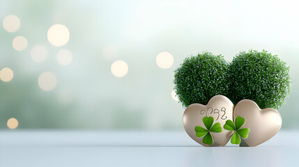 Happy New Year 2025! Decoration with hearts horseshoesfour leaf clover and number 2025