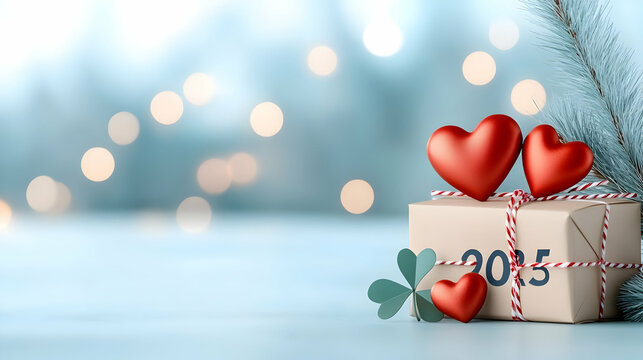 Happy New Year 2025! Decoration with hearts horseshoesfour leaf clover and number 2025