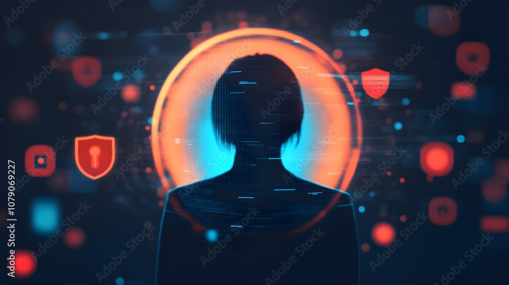 Poster abstract representation of a digital silhouette surrounded by various security icons, illustrating c
