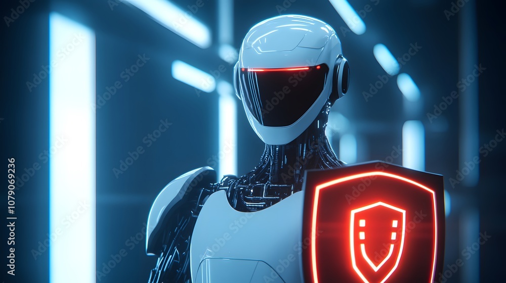 Poster futuristic humanoid robot standing in a high-tech environment, holding a glowing shield, showcasing 