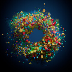 Geometric Vibrance: A Circular Explosion of Colorful Shapes Against Darkness