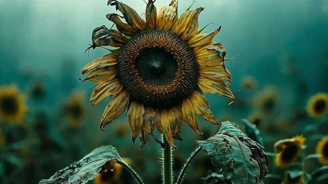 Close-up of a dying sunflower in an autumn field. Concept of change, aging, and the beauty of natural decay.
