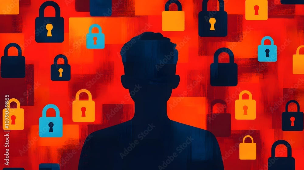Aufkleber Abstract Representation of Data Security and Privacy with Silhouette Against Colorful Background Featuring Multiple Padlocks and Lock Symbols