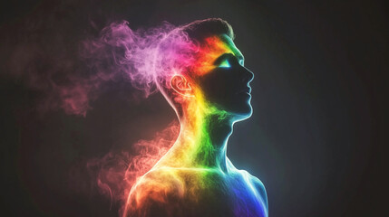 A human figure with a bright aura surrounding them, the colors shifting gently as if representing different emotions and energies