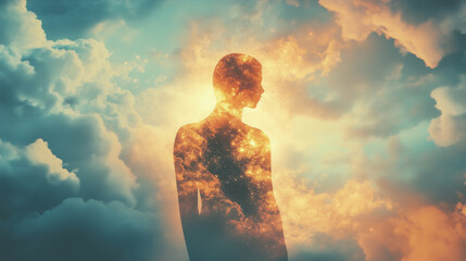 Obraz premium An ethereal silhouette of a person surrounded by soft, glowing energy, merging with the sky and clouds above