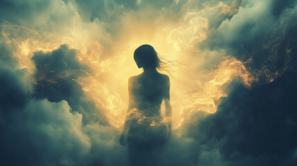 Obraz premium An ethereal silhouette of a person surrounded by soft, glowing energy, merging with the sky and clouds above
