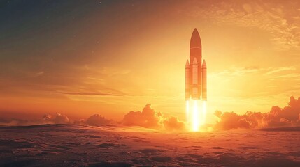 Obraz premium Space Rocket Launching at Dawn in Desert Landscape with Radiant Sunrise