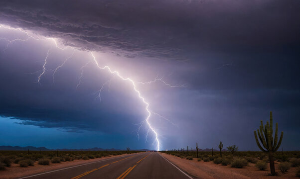 A lightning bolt strikes the desert sky above a paved road