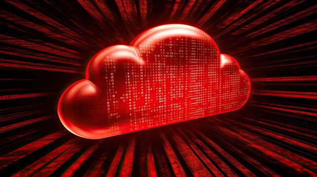 Binary code background with a central red cloud icon, highlighting technology, data storage, and digital cloud computing.