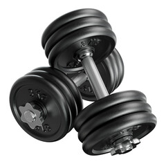 Pair of black adjustable dumbbells, weightlifting gym equipment, side view. Png clipart isolated on transparent background