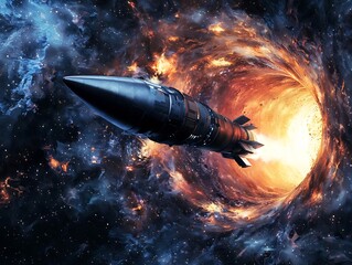 Fototapeta premium Cutting Edge Spacecraft Emerging from a Shimmering Wormhole Symbolizing the Possibilities of Faster than Light Travel