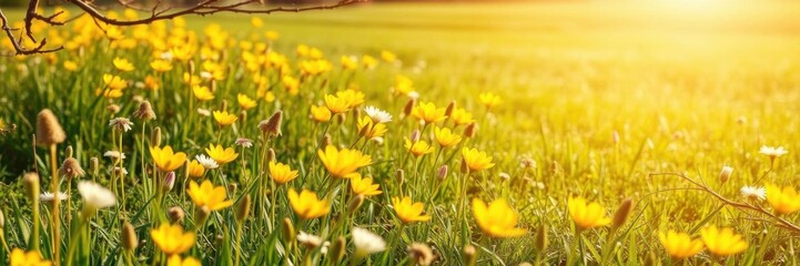 Fototapeta premium A colorful sea of daffodil flowers blooming in a vast sunlit field, spring, botanical, peaceful