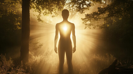 A human silhouette standing in a forest at sunrise, their body glowing softly with inner light, blending with nature