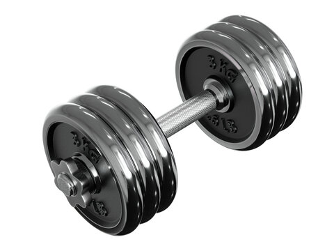 Cast Iron Chrome Adjustable Dumbbell, weightlifting gym equipment, side view. Png clipart isolated on transparent background