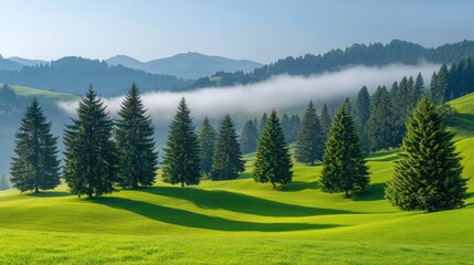 Fototapeta premium Morning mist rolls through a valley of pine trees.