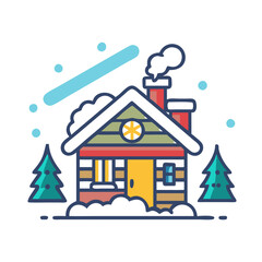 Icon of a cabin surrounded by snow and pine trees.