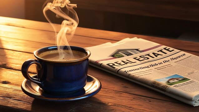 A steaming cup of coffee placed on a wooden table beside a real estate newspaper, creating a warm and inviting ambiance for morning routines.