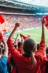 Woman seen from the back with more soccer fans cheering at a stadium game