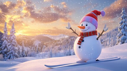 Obraz premium Cute snowman ski in snow field in mountain.
