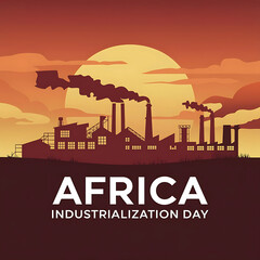Obraz premium Africa Industrialization Day sunset backdrop with factory silhouettes and smokestacks
