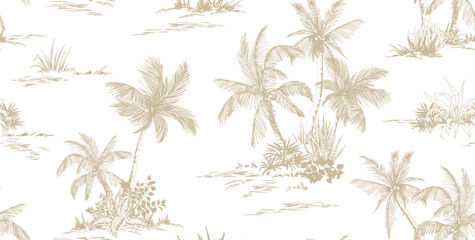 Seamless pattern with tropical palm trees scenery. Toile de Jouy style. Hand drawn vector illustration.