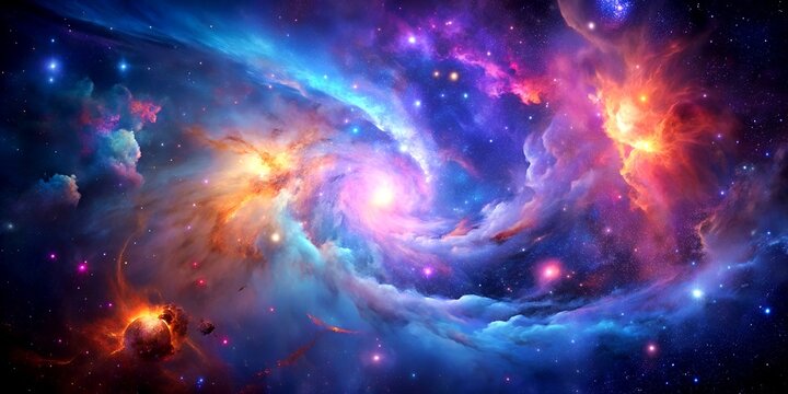ivid Cosmic Nebula with Swirling Blues, Purples, and Pinks Amidst Bright Stars and Galaxies
