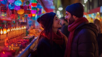 Hanukkah Gift Shopping at a Vibrant Holiday Market with Colorful Decor