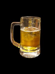 Cold beer in the glass isolated on black background. Beer mug